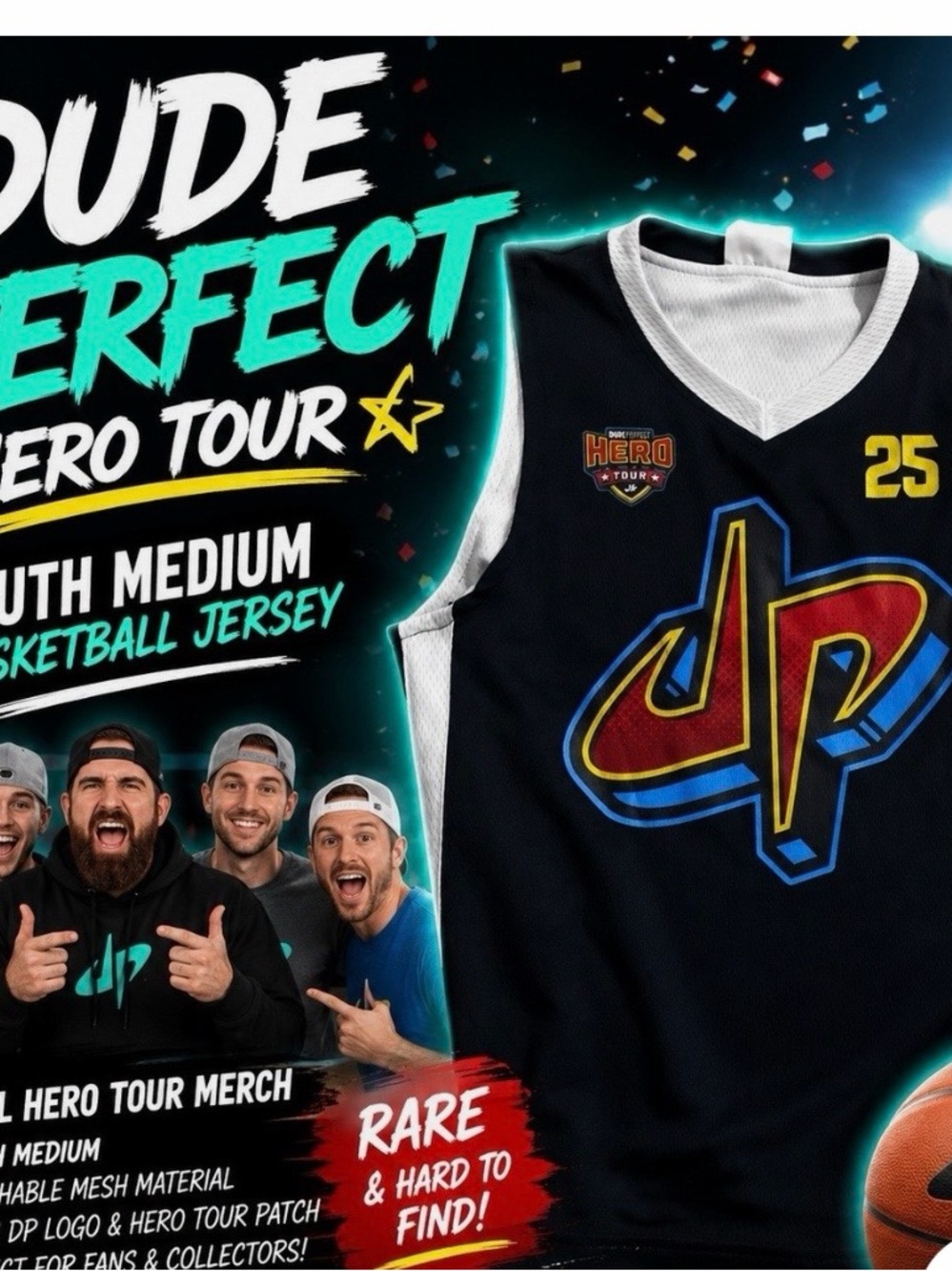 Dude Perfect 2025 Hero Tour Black & White Kids Basketball Jersey
